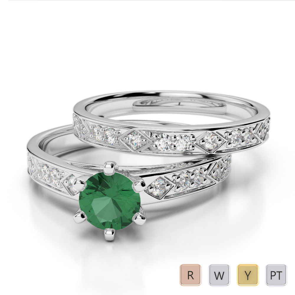 Gold / Platinum Round cut Emerald and Diamond Bridal Set Ring AGDR-1151