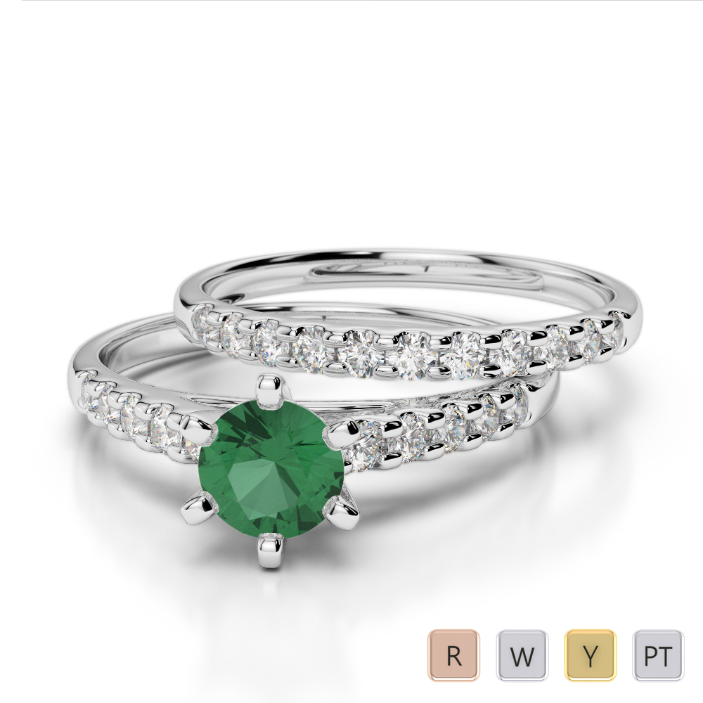 Gold / Platinum Round cut Emerald and Diamond Bridal Set Ring AGDR-1153