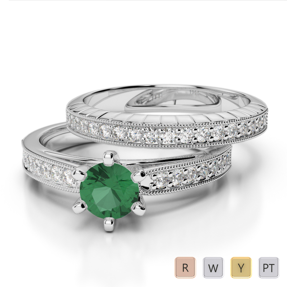 Gold / Platinum Round cut Emerald and Diamond Bridal Set Ring AGDR-1154