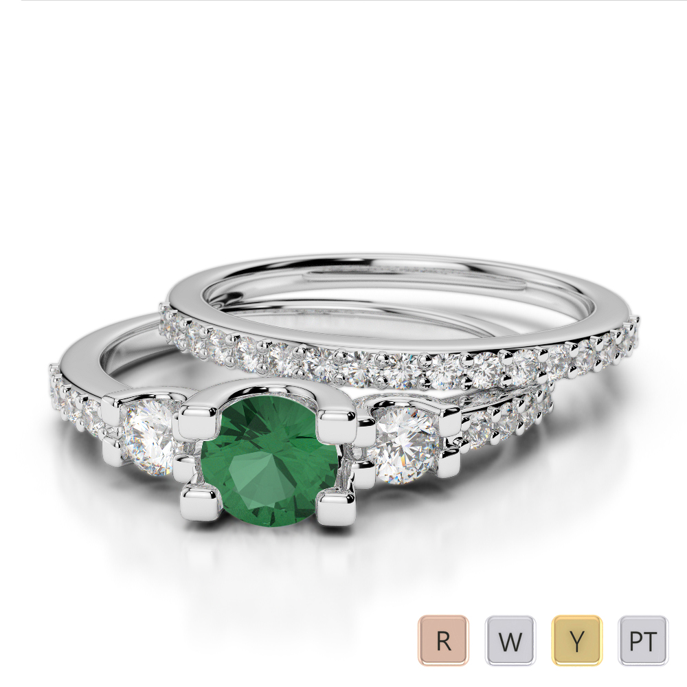 Gold / Platinum Round cut Emerald and Diamond Bridal Set Ring AGDR-1155