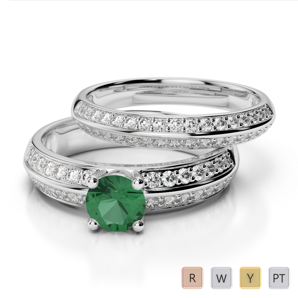 Gold / Platinum Round cut Emerald and Diamond Bridal Set Ring AGDR-1156