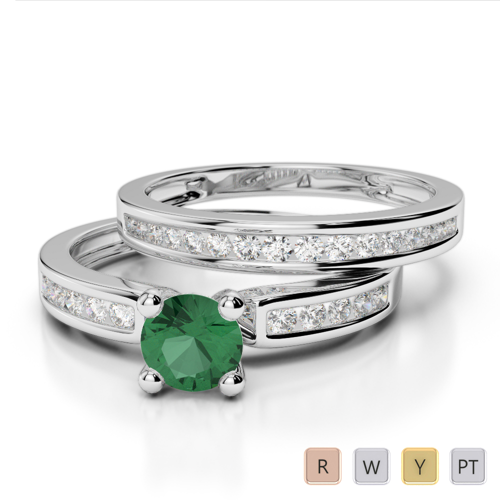 Gold / Platinum Round cut Emerald and Diamond Bridal Set Ring AGDR-1157