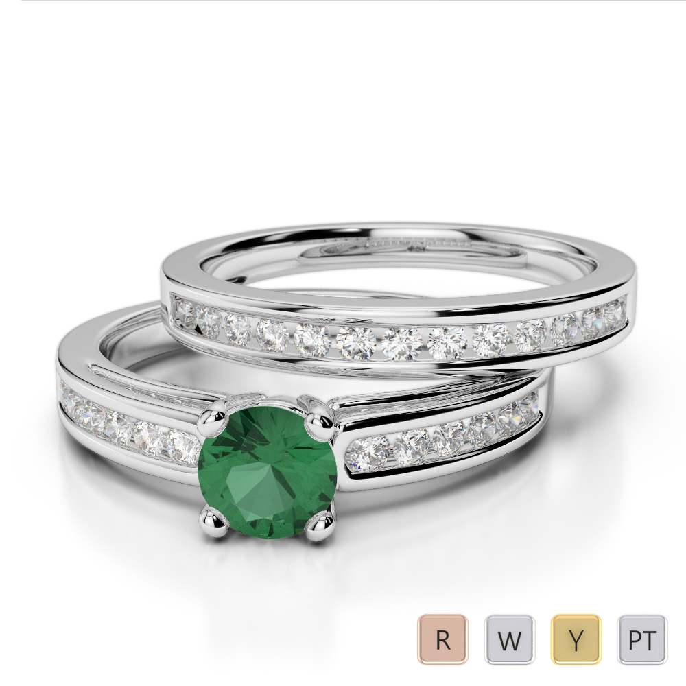 Gold / Platinum Round cut Emerald and Diamond Bridal Set Ring AGDR-1159
