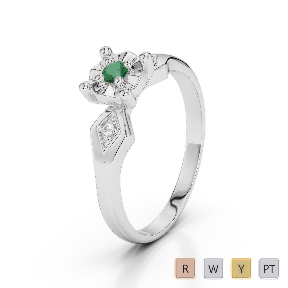 Gold / Platinum Round Cut Emerald and Diamond Engagement Ring AGDR-1169