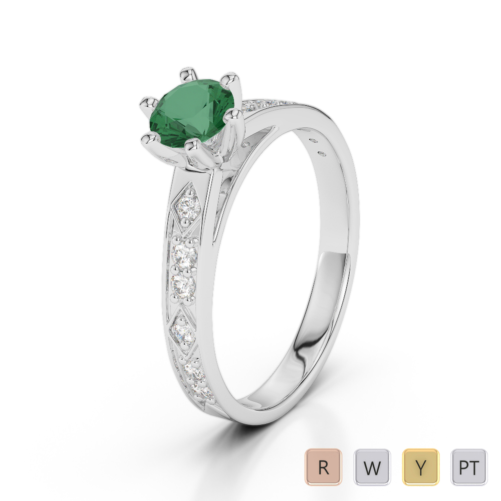 Gold / Platinum Round Cut Emerald and Diamond Engagement Ring AGDR-1178