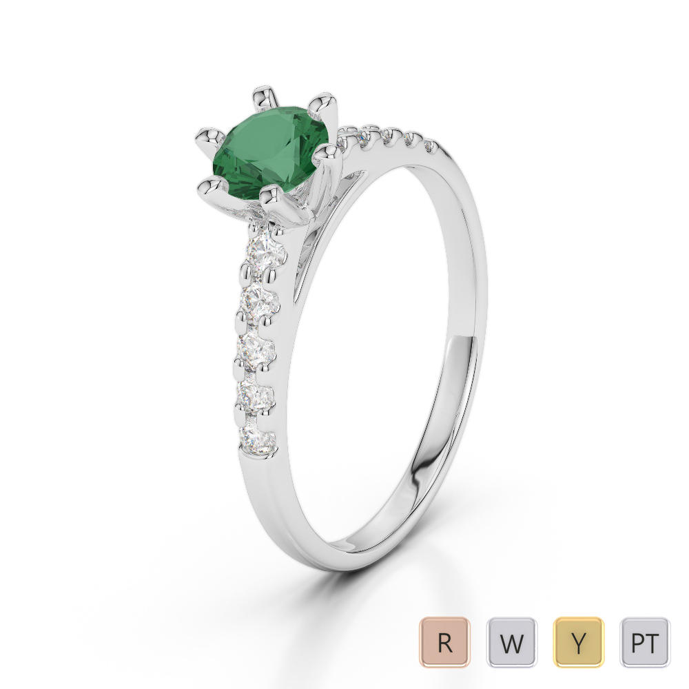 Gold / Platinum Round Cut Emerald and Diamond Engagement Ring AGDR-1180