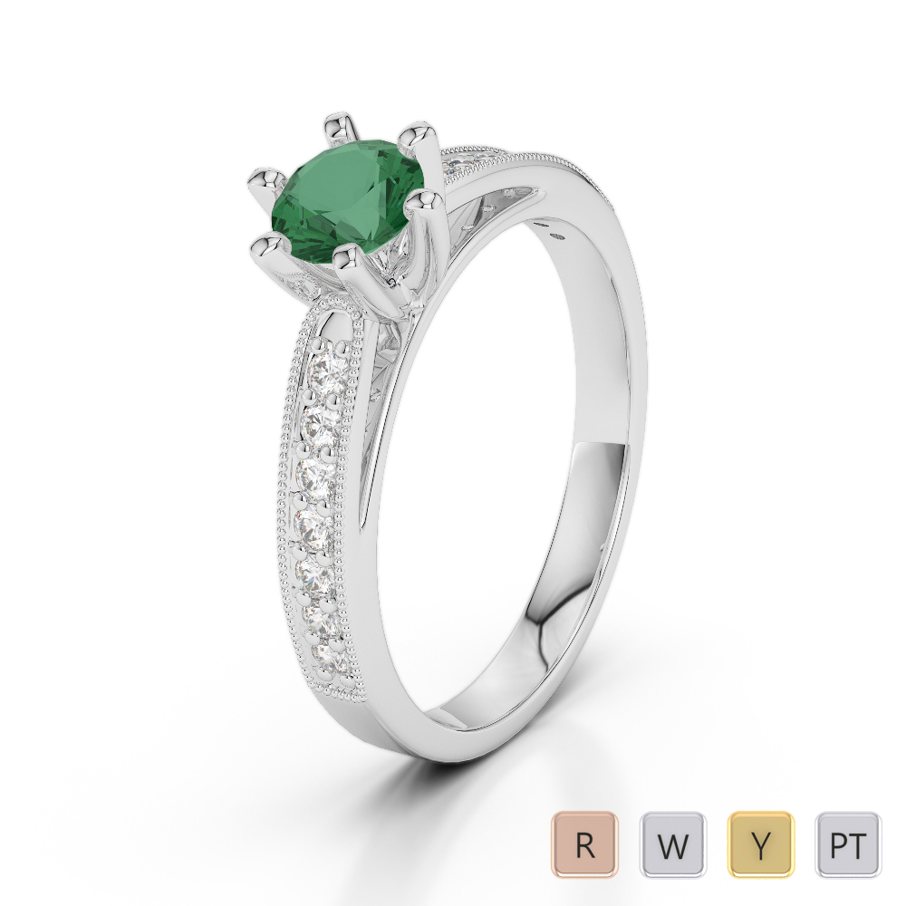 Gold / Platinum Round Cut Emerald and Diamond Engagement Ring AGDR-1181