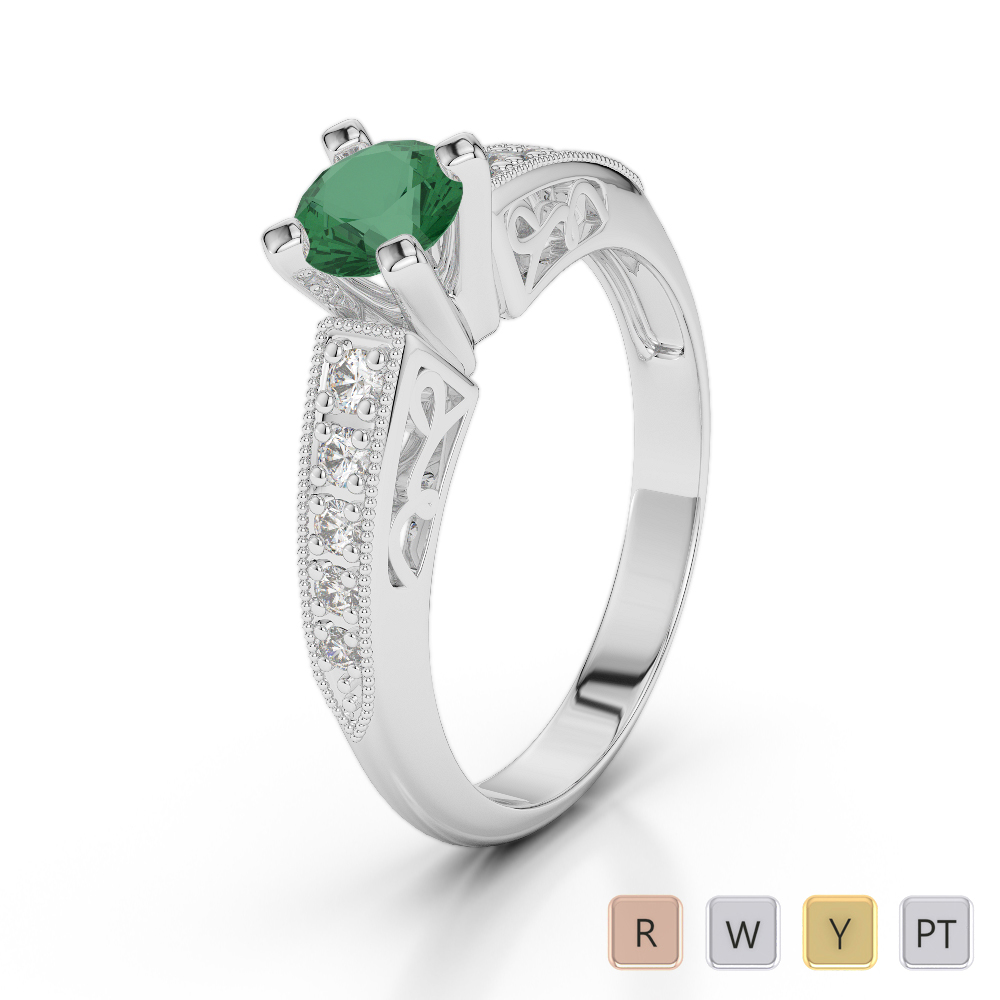Gold / Platinum Round Cut Emerald and Diamond Engagement Ring AGDR-1187