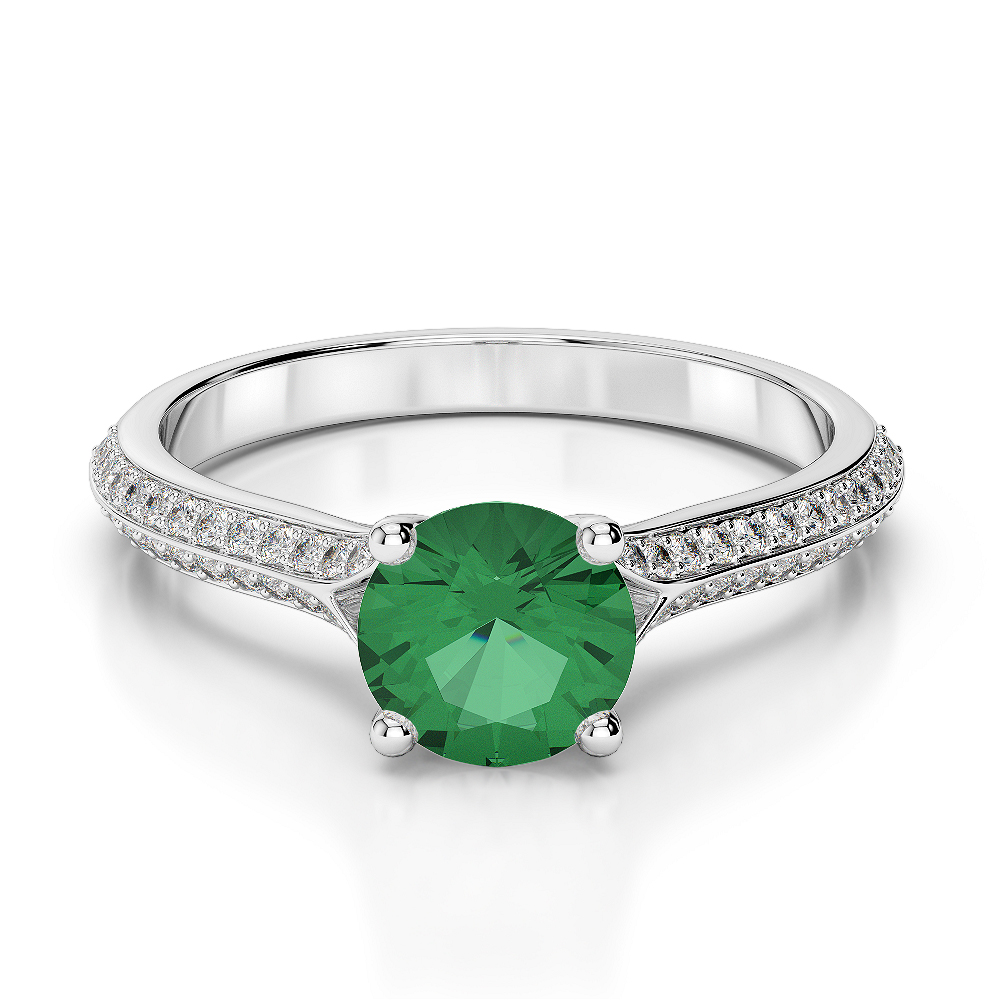 Gold / Platinum Round Cut Emerald and Diamond Engagement Ring AGDR-1200