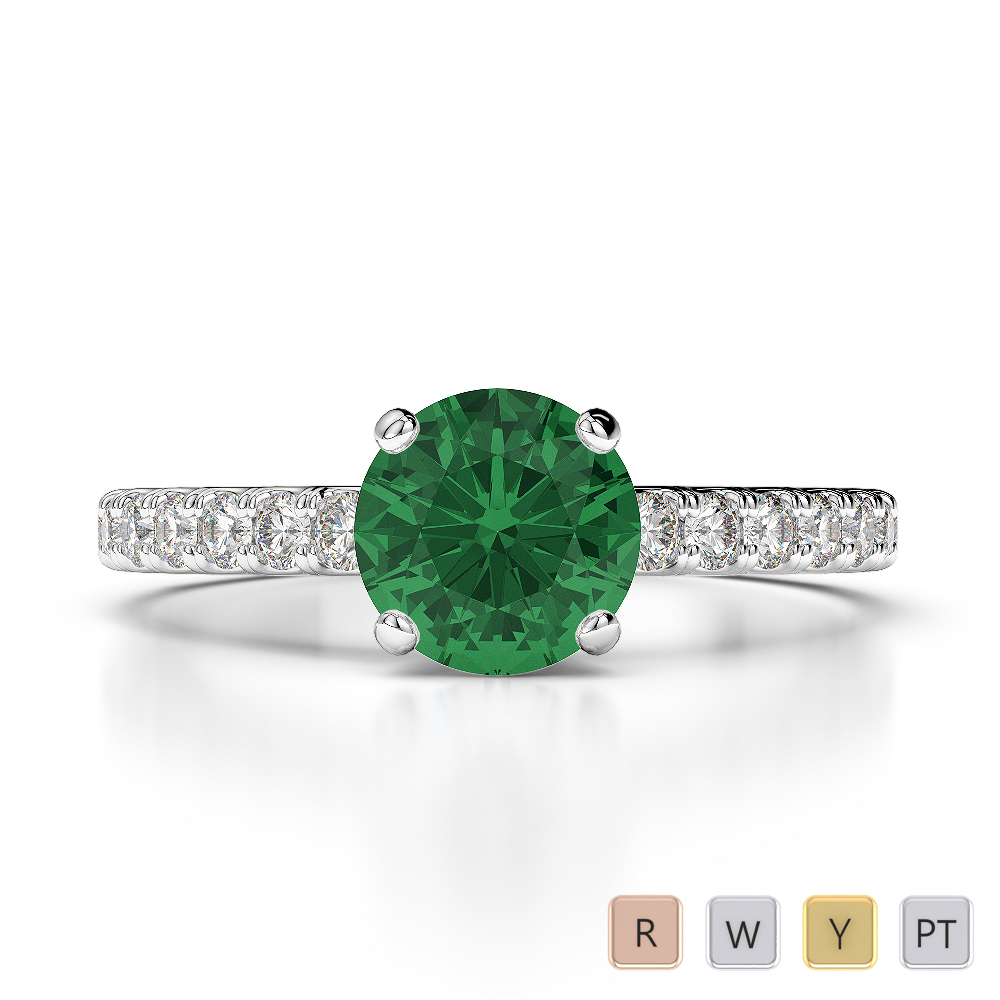 Round Lab Emerald and Diamond Engagement Ring in Gold / Platinum
