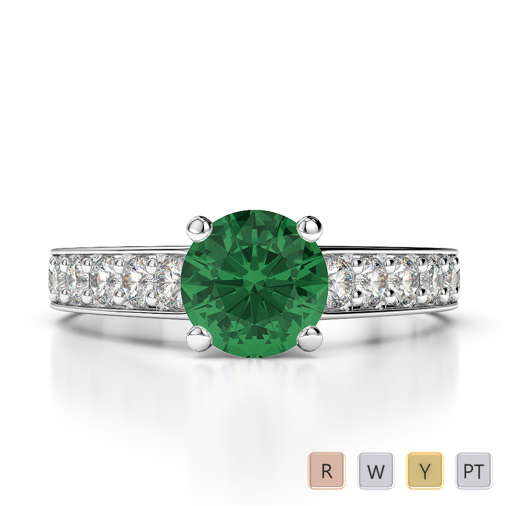 Round Lab Emerald and Diamond Engagement Ring in Gold / Platinum