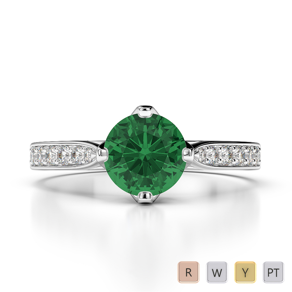 Round Lab Emerald and Diamond Engagement Ring in Gold / Platinum