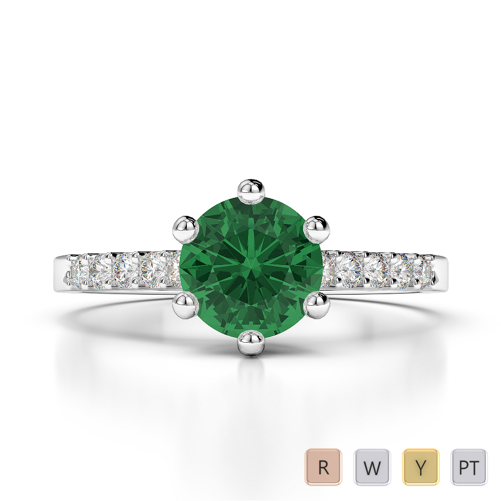 Round Lab Emerald and Diamond Engagement Ring in Gold / Platinum