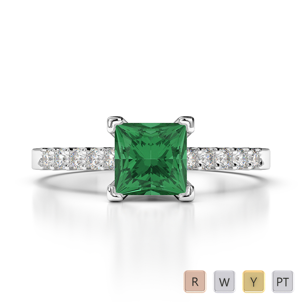 Gold / Platinum Round and Princess Cut Emerald and Diamond Engagement Ring AGDR-1210