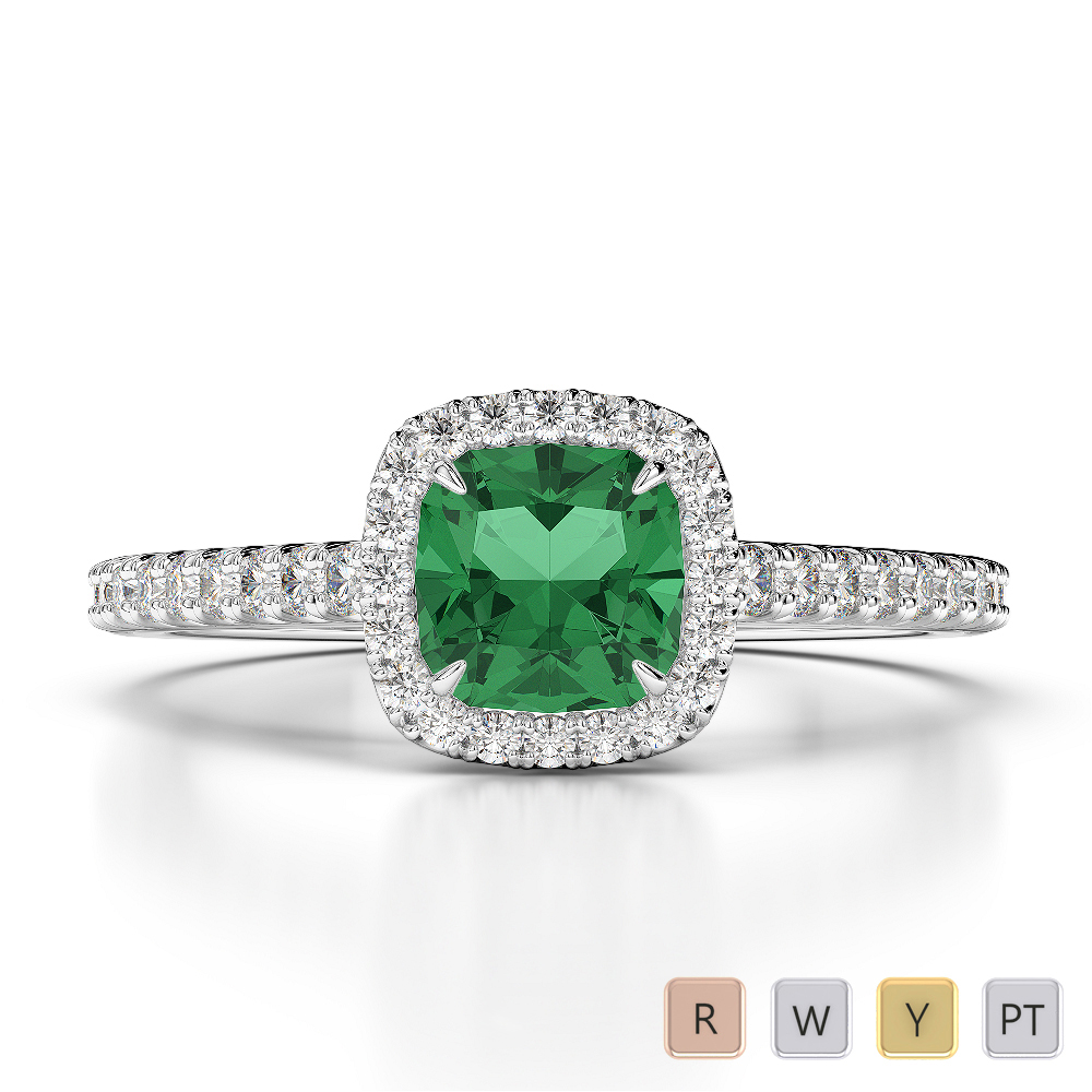Cushion Lab Emerald and Diamond Engagement Ring in Gold / Platinum
