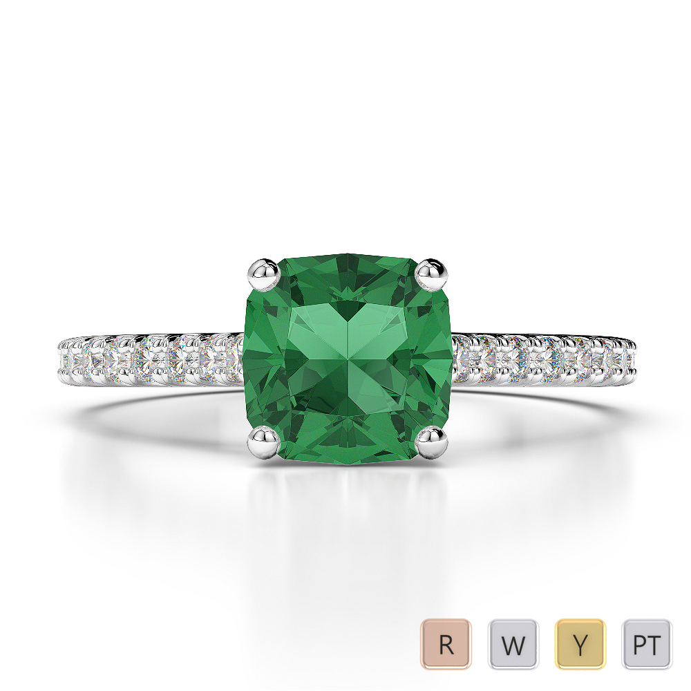 Cushion Lab Emerald and Diamond Engagement Ring in Gold / Platinum