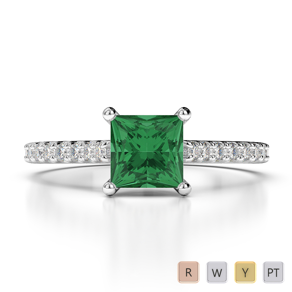 Princess Lab Emerald and Diamond Engagement Ring in Gold / Platinum