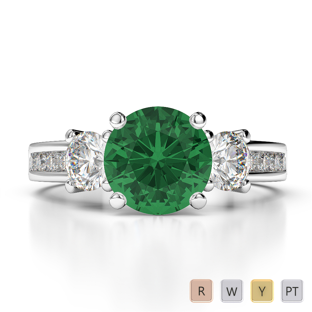 Round Lab Emerald and Diamond Engagement Ring in Gold / Platinum