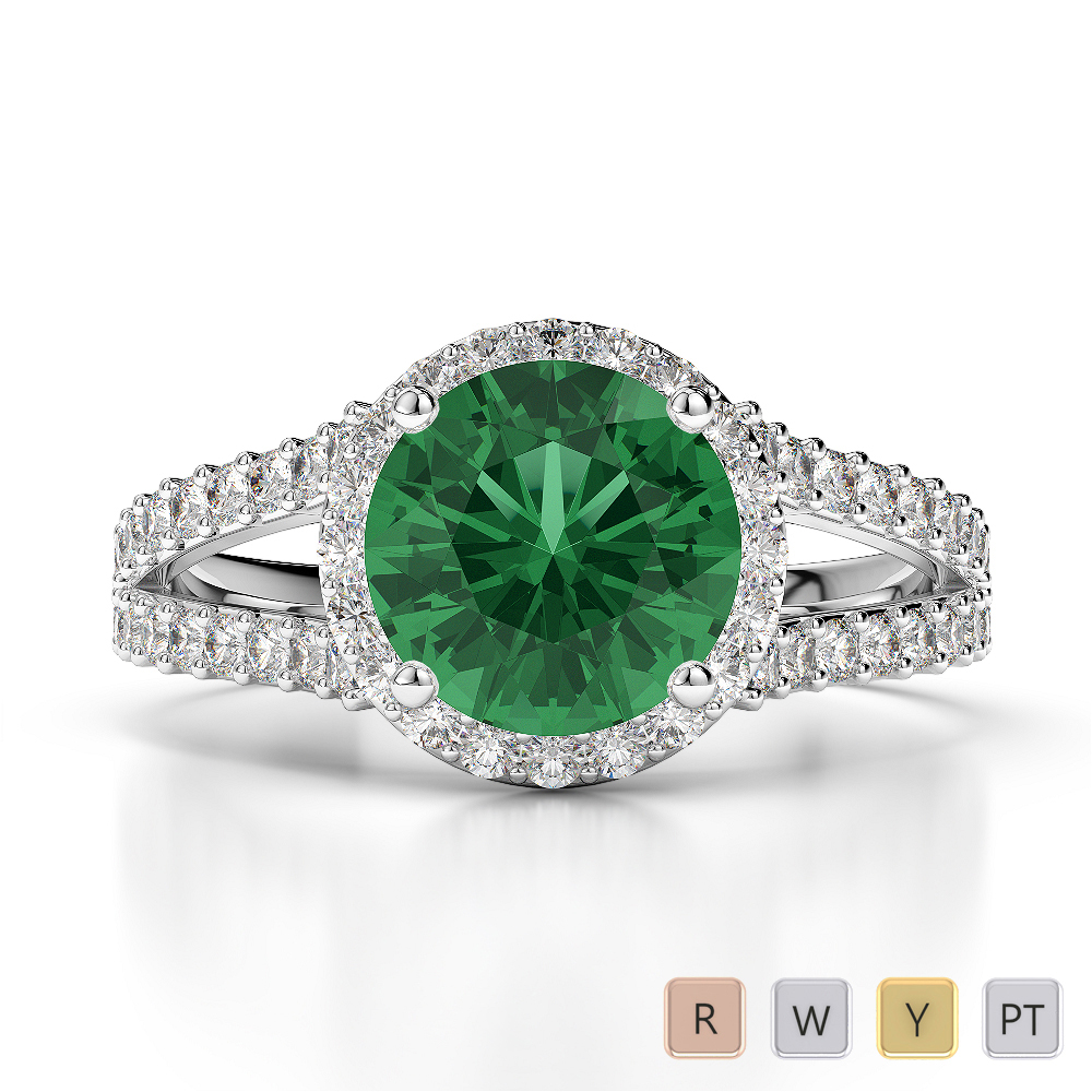 Round Lab Emerald and Diamond Engagement Ring in Gold / Platinum