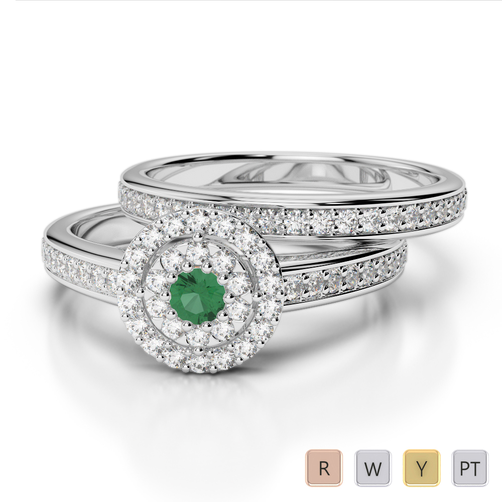 Gold / Platinum Round cut Emerald and Diamond Bridal Set Ring AGDR-1239