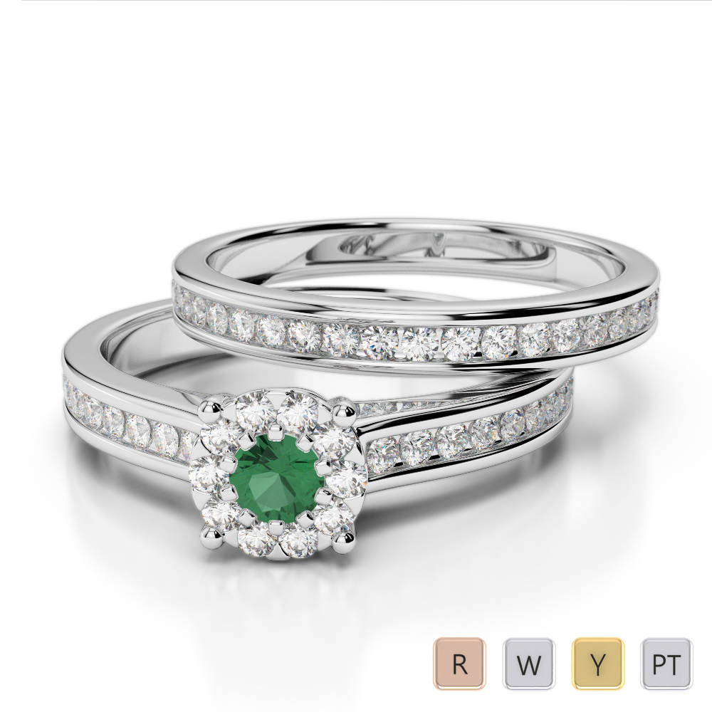 Gold / Platinum Round cut Emerald and Diamond Bridal Set Ring AGDR-1339