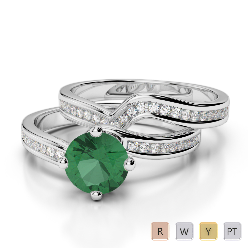 Gold / Platinum Round cut Emerald and Diamond Bridal Set Ring AGDR-2005