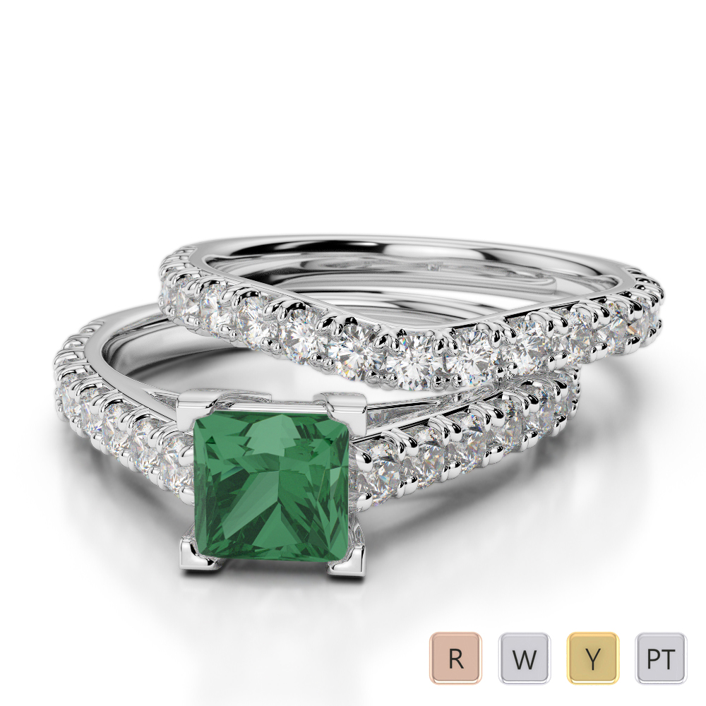 Gold / Platinum Round and Princess Cut Emerald and Diamond Bridal Set Ring AGDR-2007