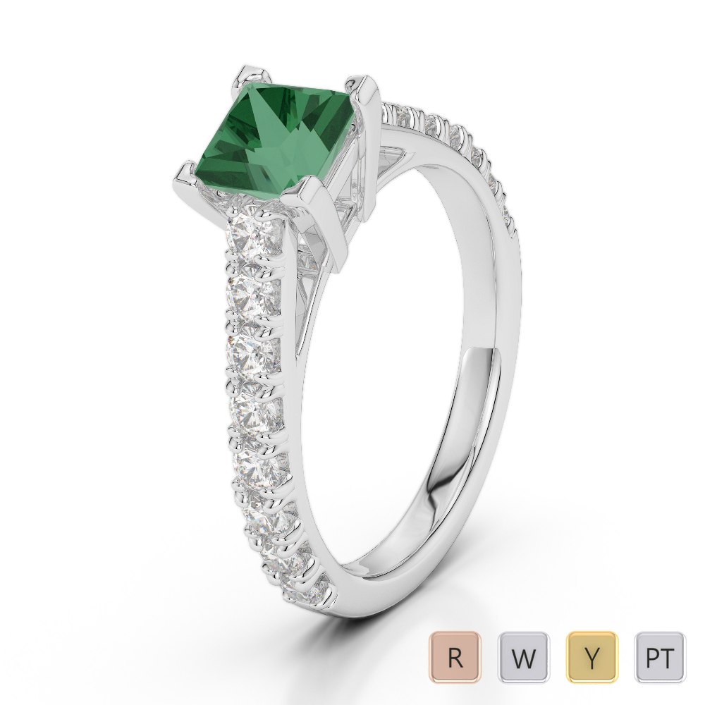 Gold / Platinum Round and Princess Cut Emerald and Diamond Engagement Ring AGDR-2008