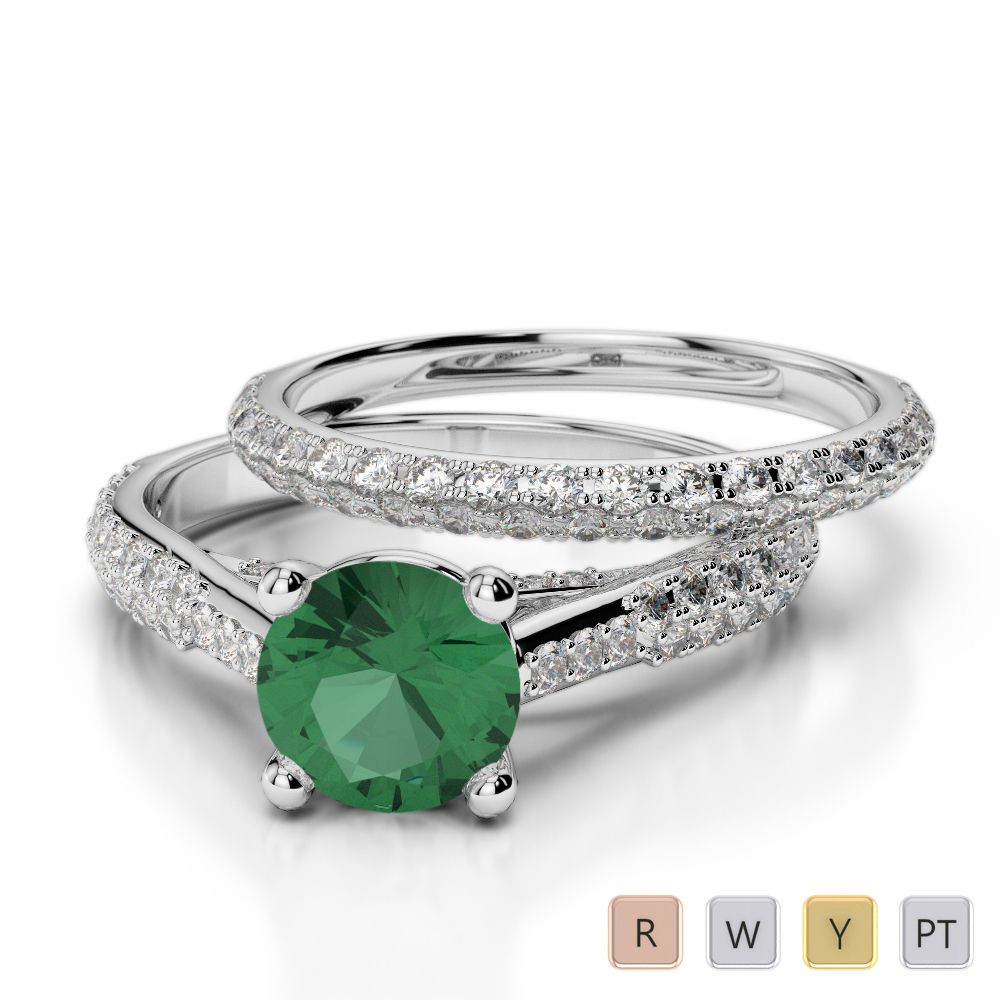 Gold / Platinum Round cut Emerald and Diamond Bridal Set Ring AGDR-2013