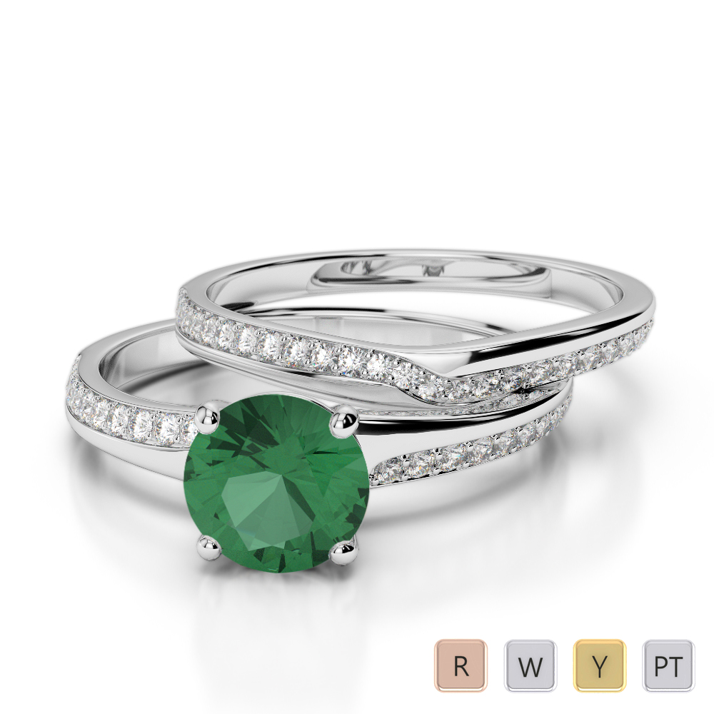 Gold / Platinum Round cut Emerald and Diamond Bridal Set Ring AGDR-2015