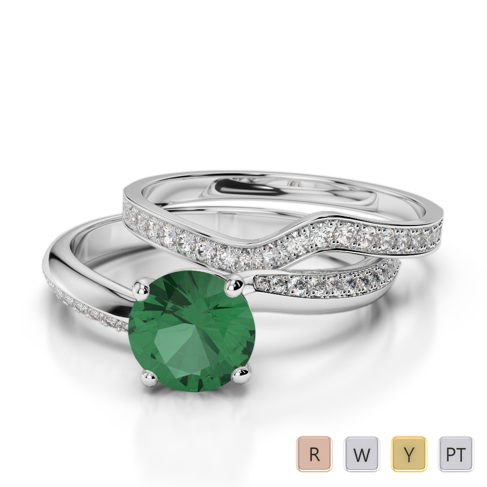 Gold / Platinum Round cut Emerald and Diamond Bridal Set Ring AGDR-2017