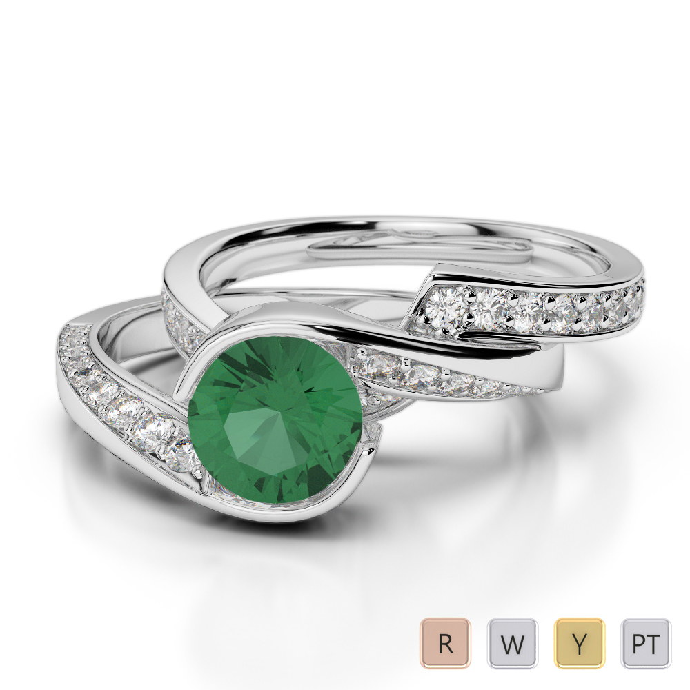 Gold / Platinum Round cut Emerald and Diamond Bridal Set Ring AGDR-2019