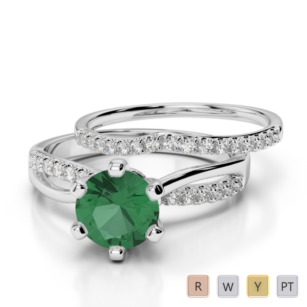 Gold / Platinum Round cut Emerald and Diamond Bridal Set Ring AGDR-2021
