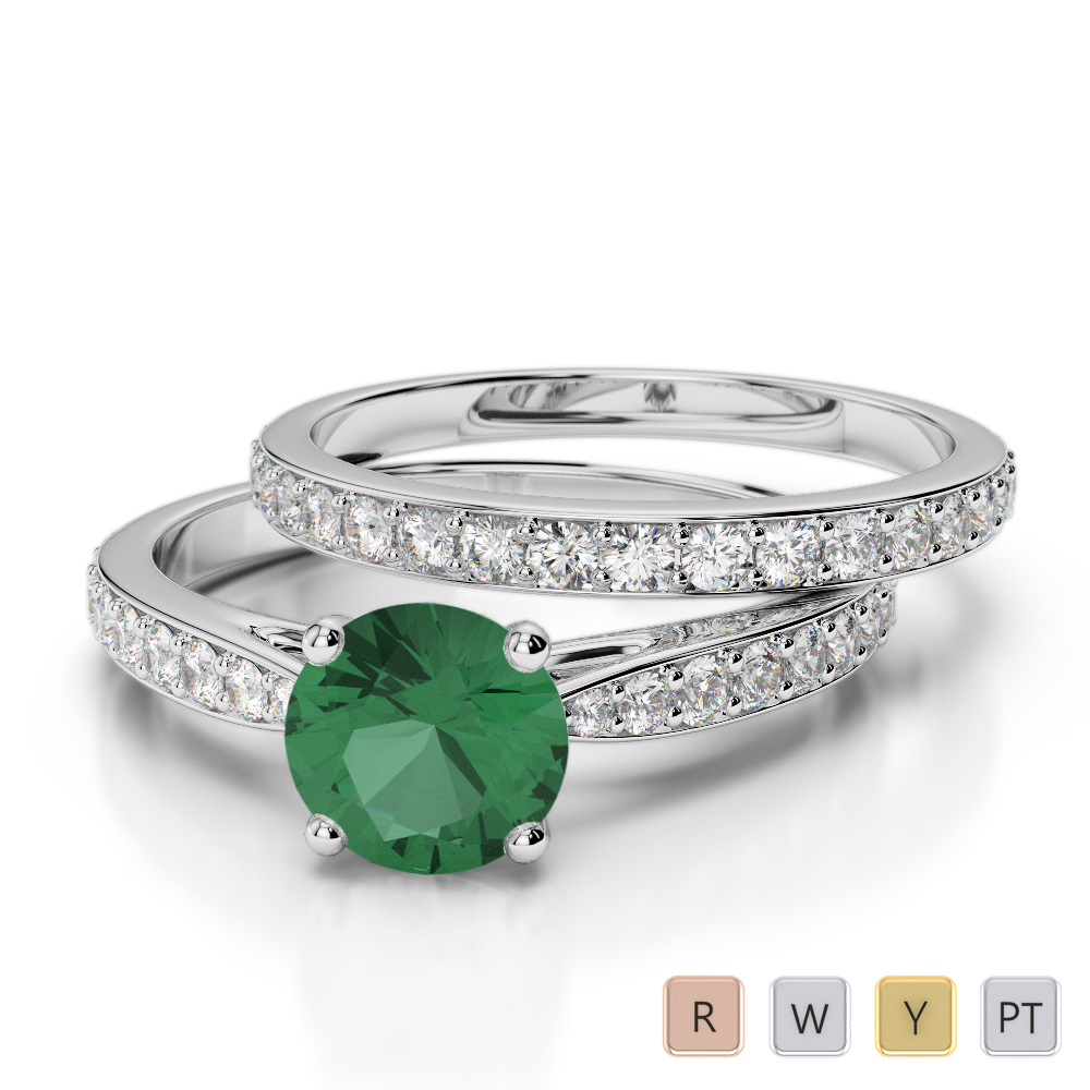 Gold / Platinum Round cut Emerald and Diamond Bridal Set Ring AGDR-2031