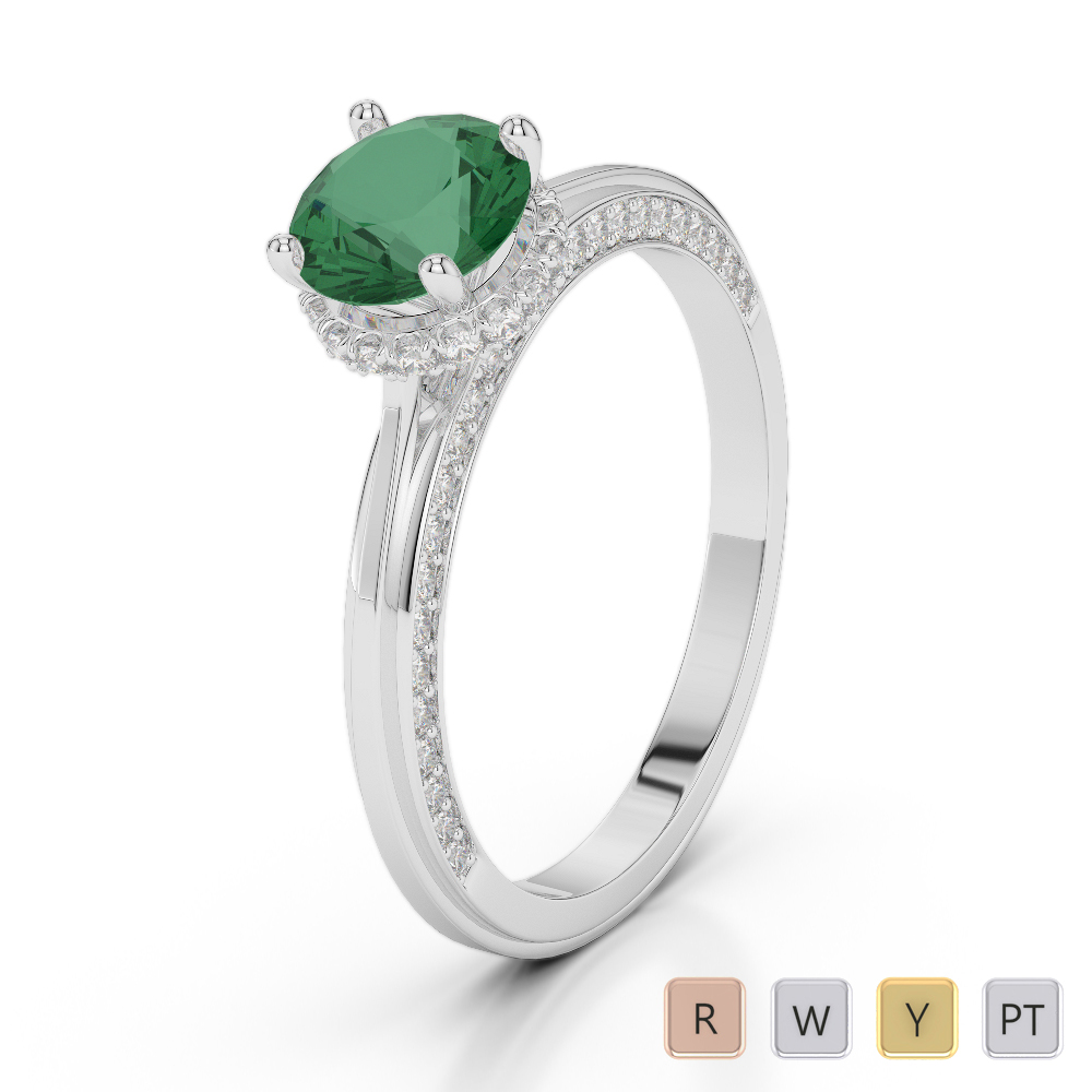 Gold / Platinum Round Cut Emerald and Diamond Engagement Ring AGDR-2034