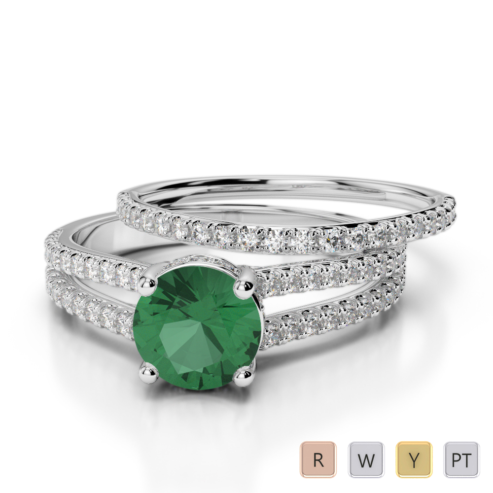 Gold / Platinum Round cut Emerald and Diamond Bridal Set Ring AGDR-2035