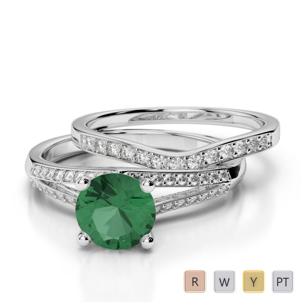 Gold / Platinum Round cut Emerald and Diamond Bridal Set Ring AGDR-2037