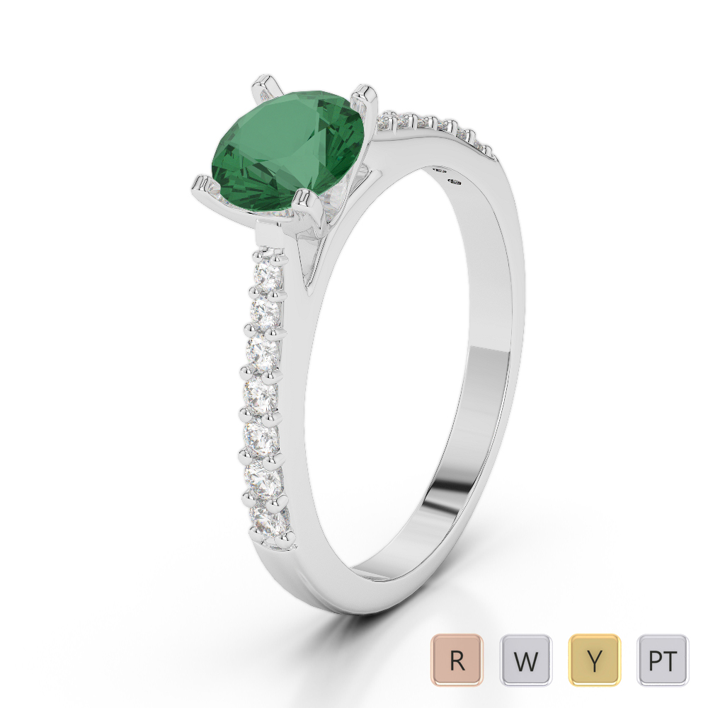 Gold / Platinum Round Cut Emerald and Diamond Engagement Ring AGDR-2040