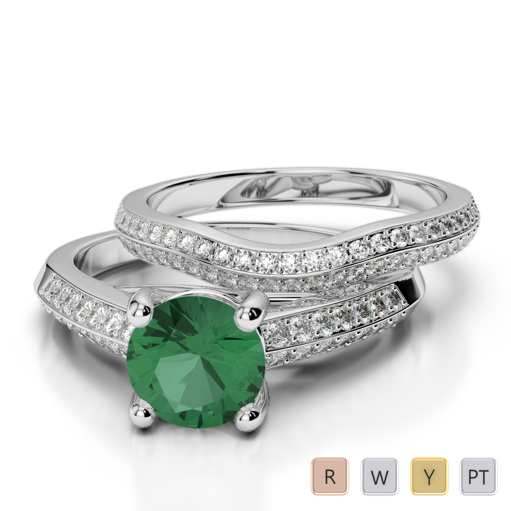 Gold / Platinum Round cut Emerald and Diamond Bridal Set Ring AGDR-2043