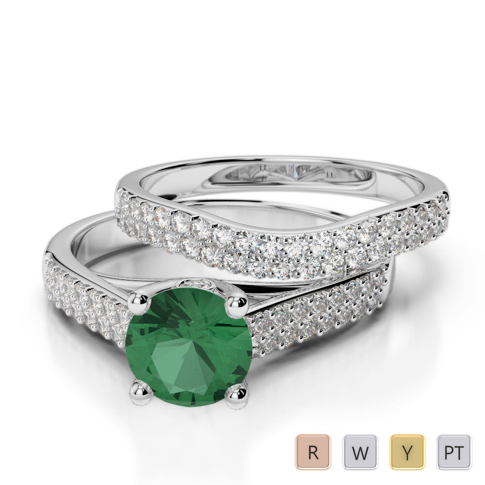 Gold / Platinum Round cut Emerald and Diamond Bridal Set Ring AGDR-2045