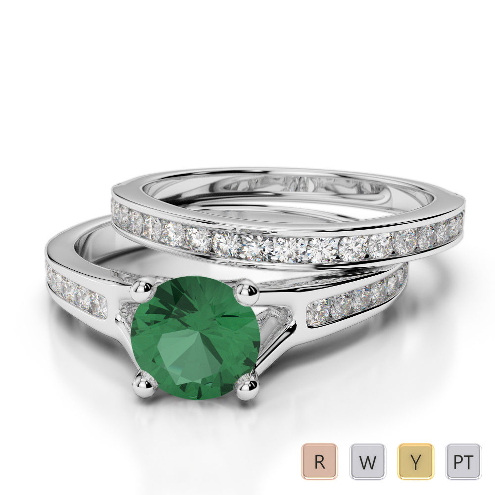 Gold / Platinum Round cut Emerald and Diamond Bridal Set Ring AGDR-2047