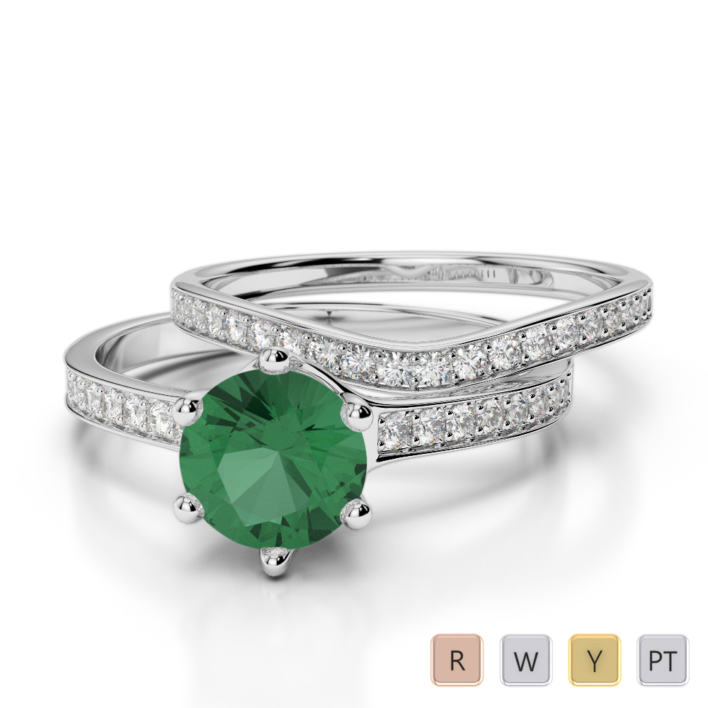 Gold / Platinum Round cut Emerald and Diamond Bridal Set Ring AGDR-2049