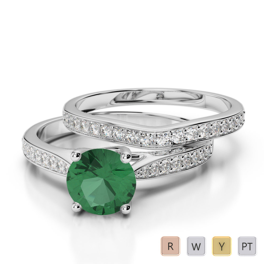 Gold / Platinum Round cut Emerald and Diamond Bridal Set Ring AGDR-2053