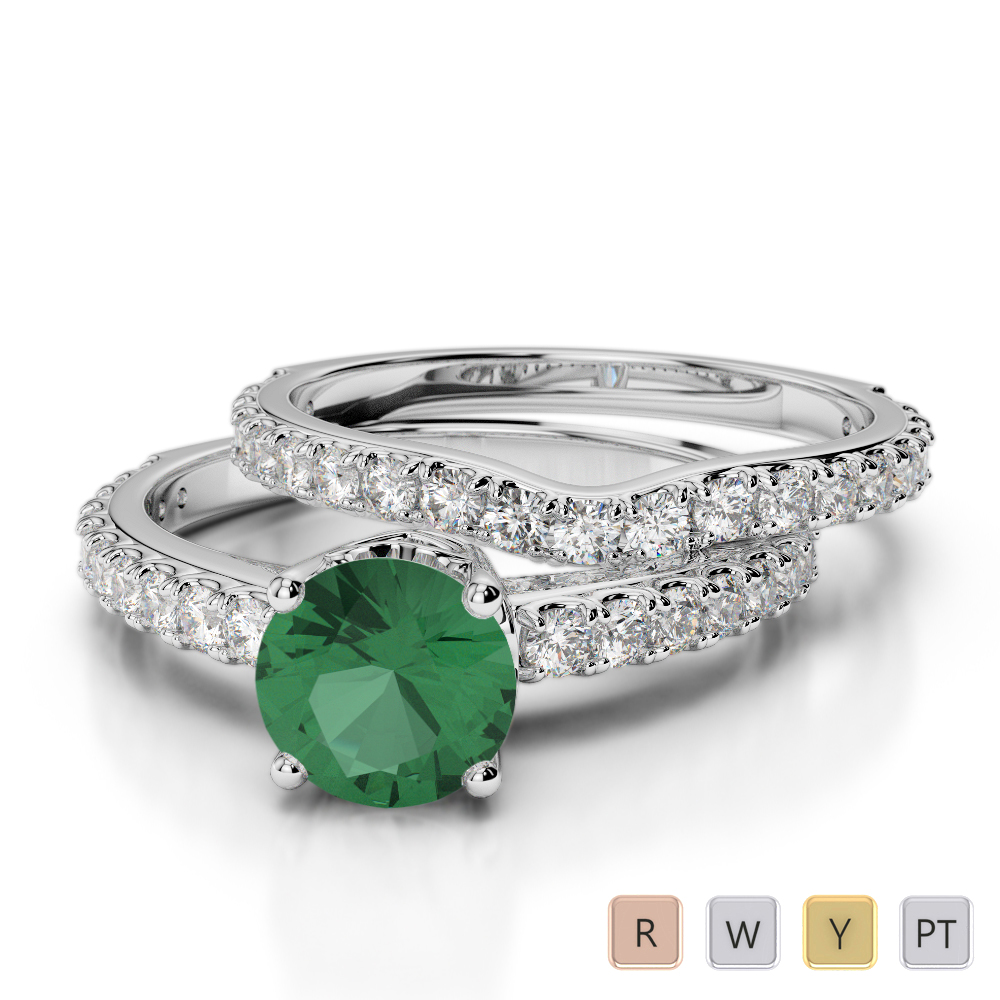Gold / Platinum Round cut Emerald and Diamond Bridal Set Ring AGDR-2055