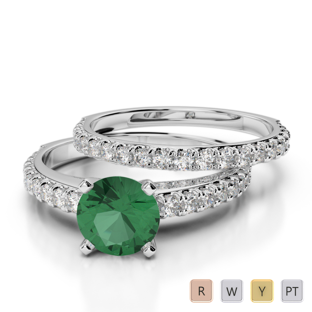 Gold / Platinum Round cut Emerald and Diamond Bridal Set Ring AGDR-2057