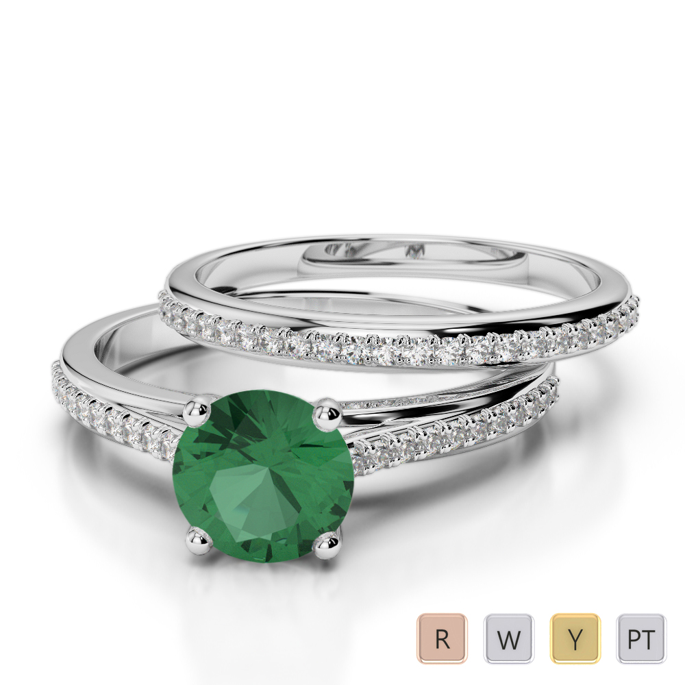 Gold / Platinum Round cut Emerald and Diamond Bridal Set Ring AGDR-2061