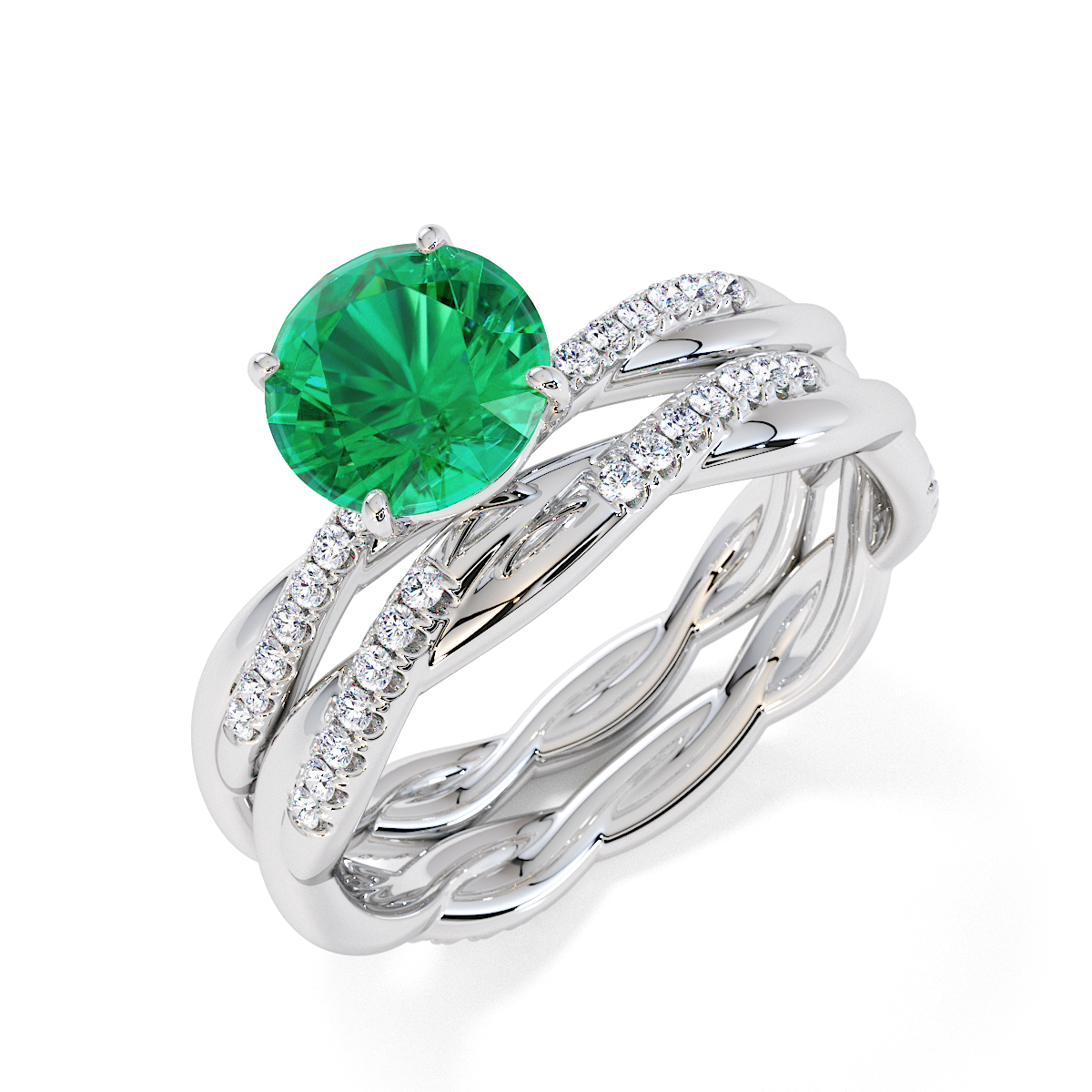 Round Lab Emerald and Diamond Engagement Ring in Gold / Platinum