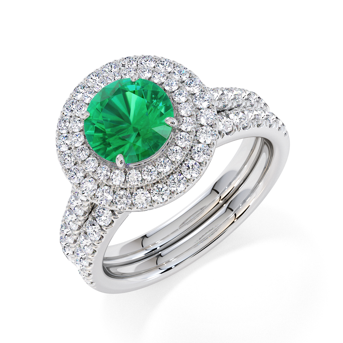Round Lab Emerald and Diamond Engagement Ring in Gold / Platinum