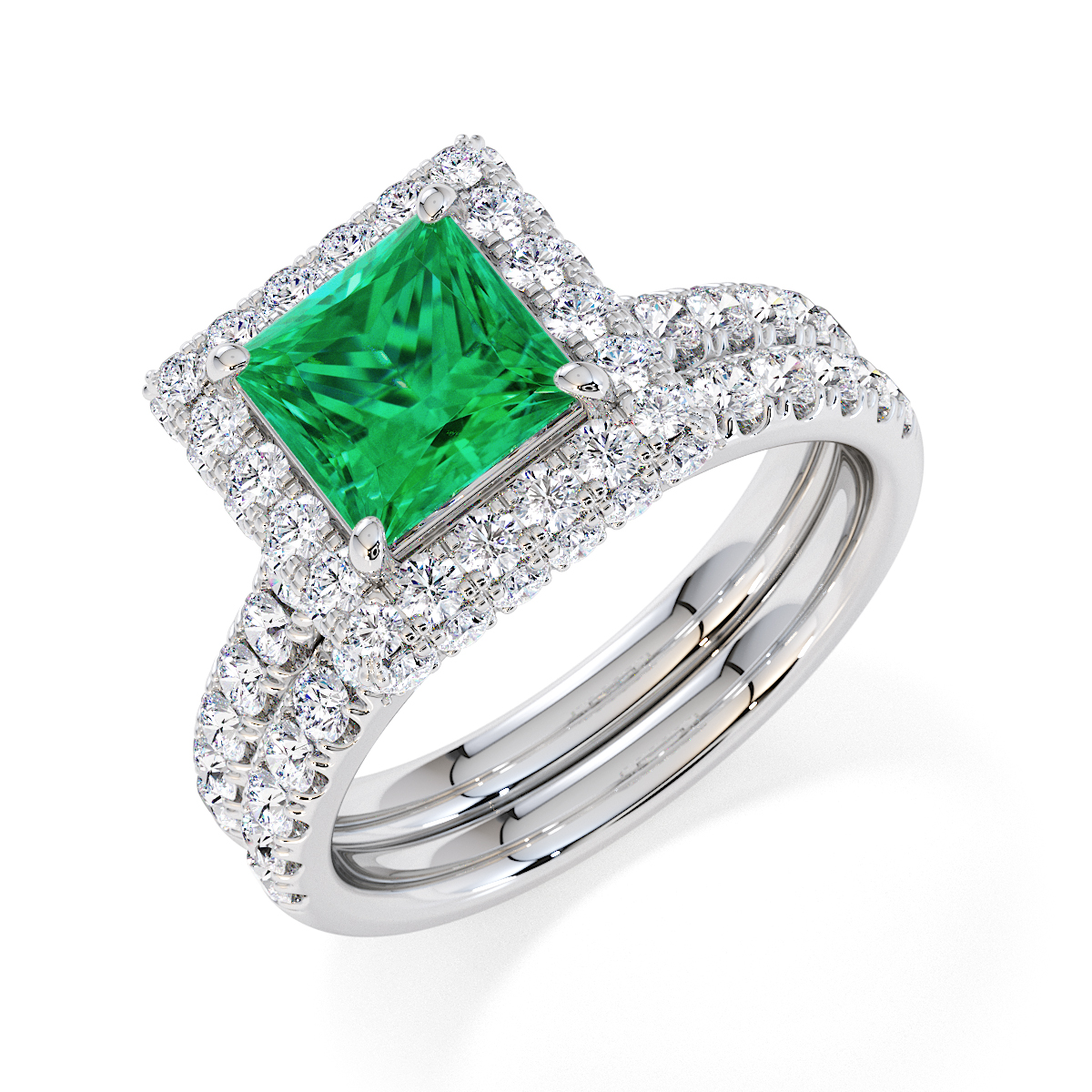 Princess Lab Emerald and Diamond Engagement Ring in Gold / Platinum