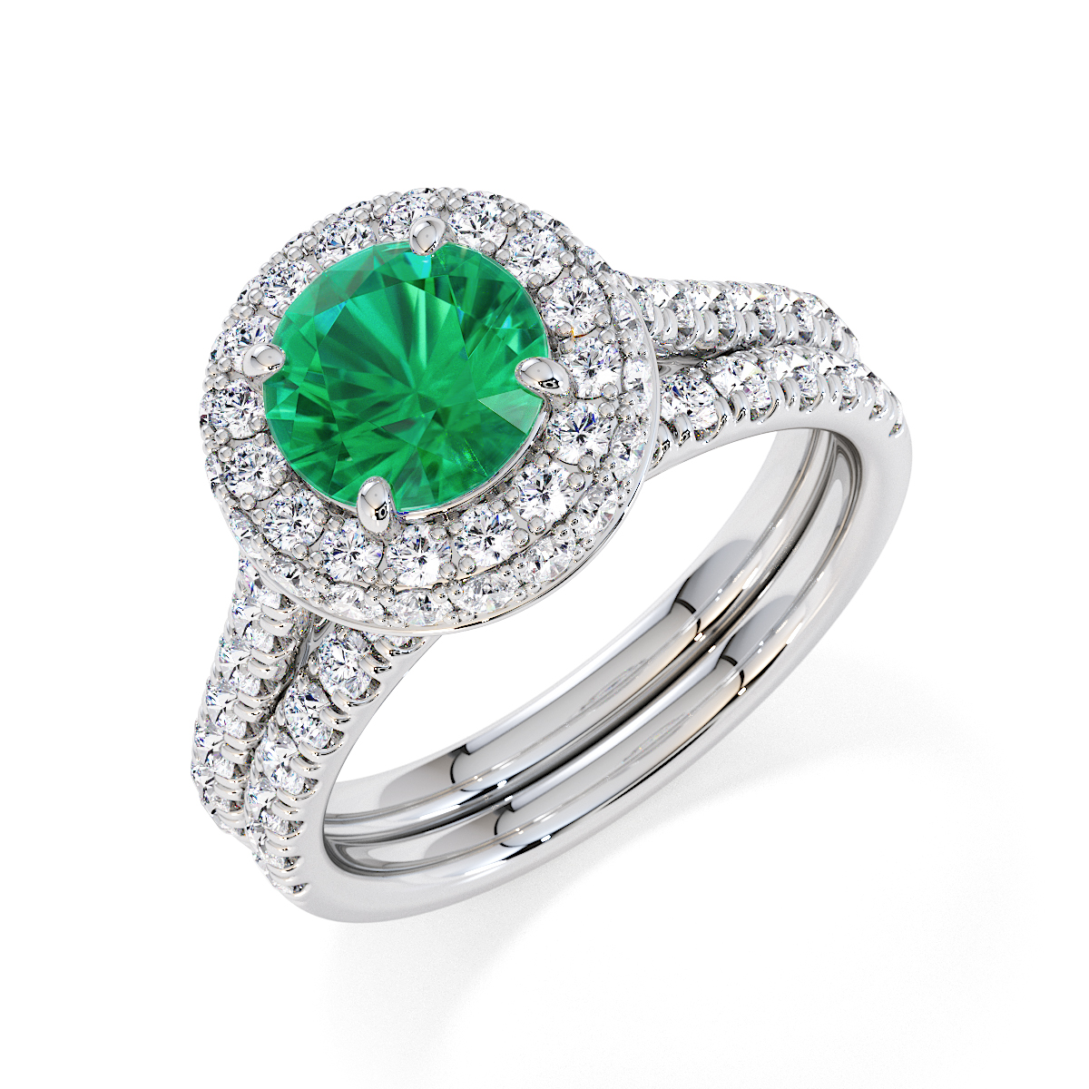 Round Lab Emerald and Diamond Engagement Ring in Gold / Platinum